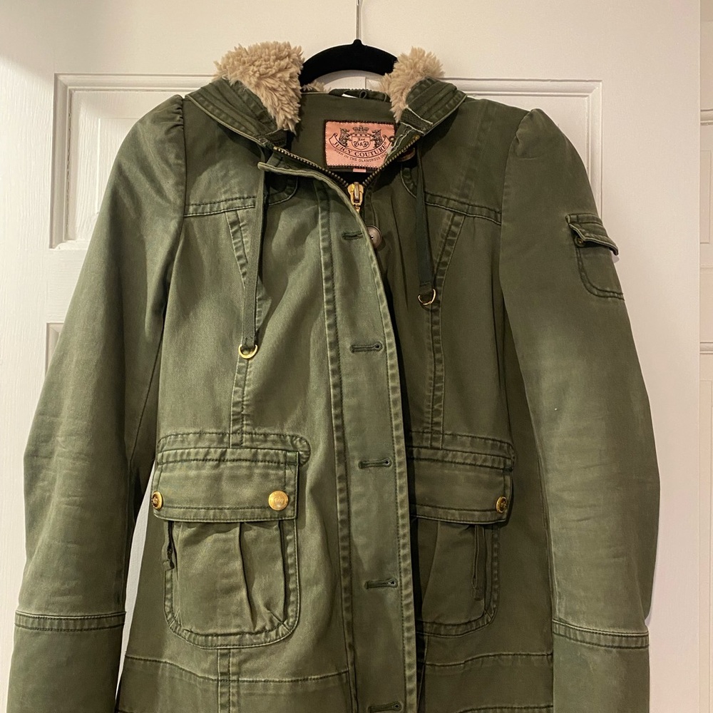 Juicy Couture army jacket with shearling hood & gold button detail